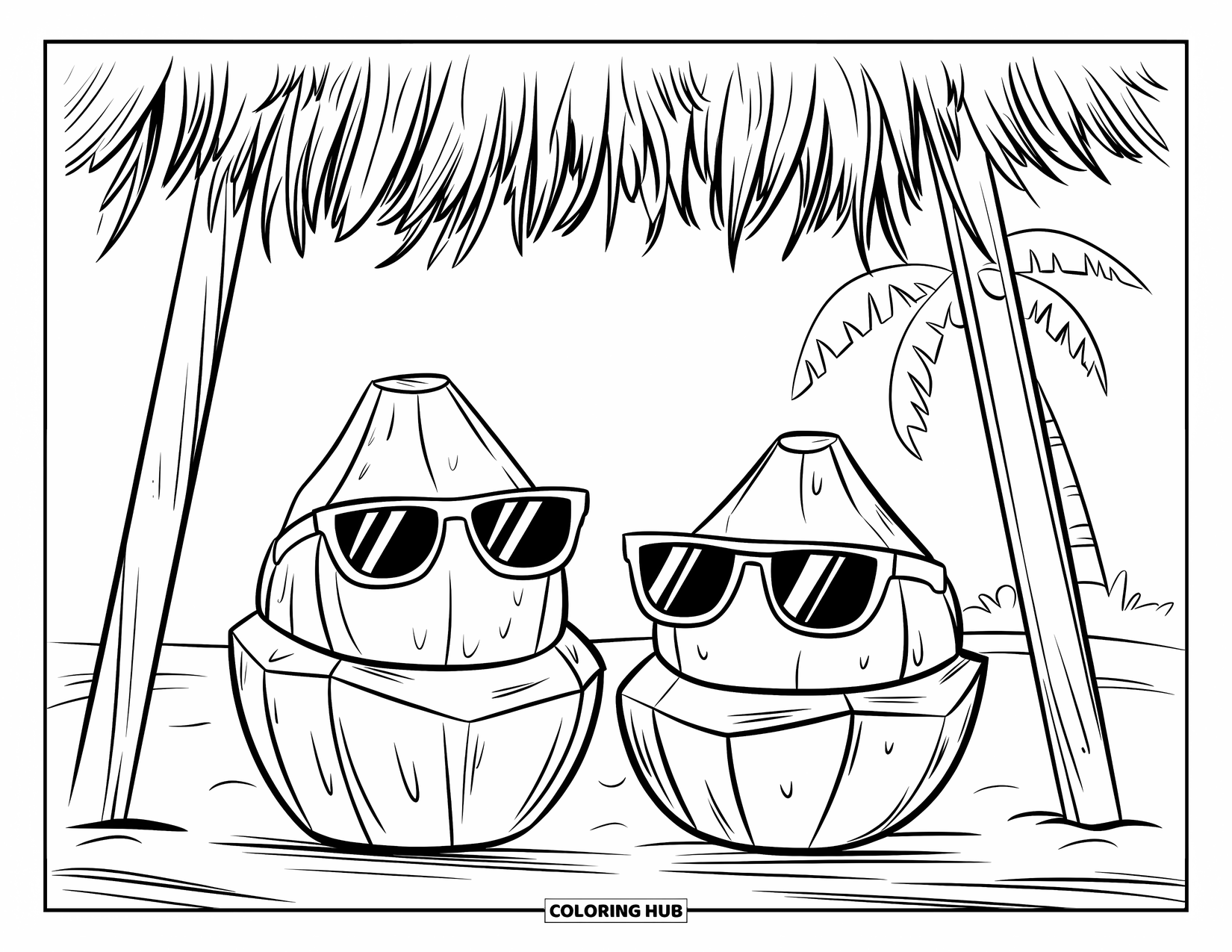 Coconut Coloring Page for Kids: Two coconuts wear sunglasses under a thatched sunshade with a palm tree nearby