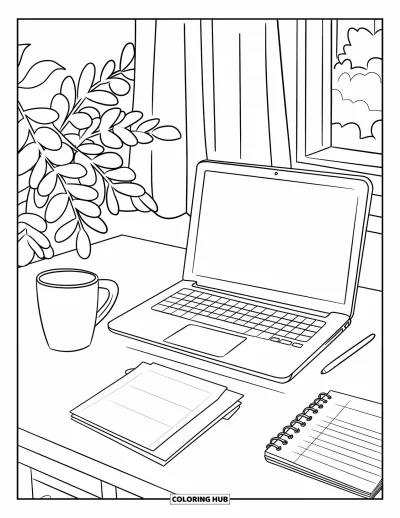Coloriage d'ordinateurs pour adultes : Un bureau lumineux avec ordinateur portable, café, liste de tâches et une belle plante verte