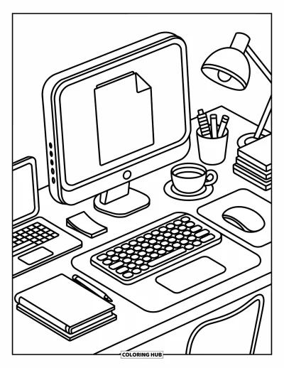 Coloriage d'ordinateurs pour adultes : Un bureau charmant avec thé, notes autocollantes et une lampe à col de cygne