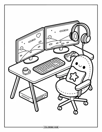 Coloriage d'ordinateurs pour adultes : Un espace gaming charmant avec deux moniteurs, une console et un coussin étoile