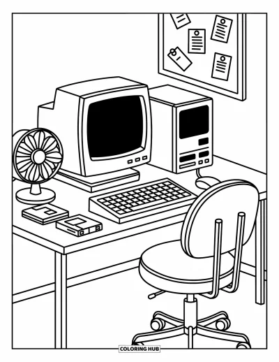 Coloriage d'ordinateurs pour adultes : Un coin tech classique avec disquettes, notes et le charme des vieux ordinateurs