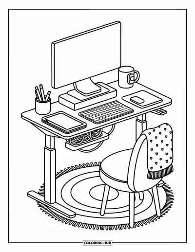 Coloriage d'ordinateurs pour adultes : Un bureau épuré avec câbles enroulés, chaise confortable et matériel tech bien rangé