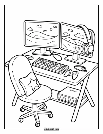 Coloriage d'ordinateurs pour adultes : Un bureau confortable avec deux moniteurs, des accessoires gaming et un fauteuil moelleux