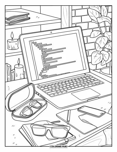 Coloriage d'ordinateurs pour adultes : Un coin confortable avec du code sur un écran, des étagères, une plante et un mur en briques