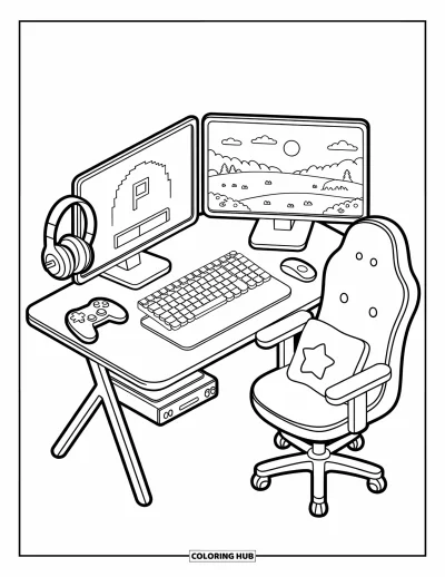 Coloriage d'ordinateurs pour adultes : Une installation gaming agréable avec deux écrans, un casque et un coussin étoile