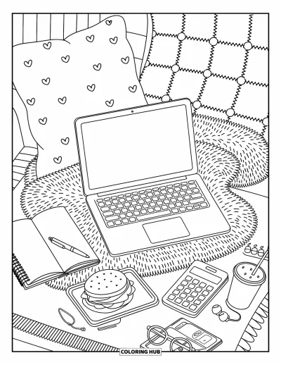 Coloriage d'ordinateurs pour adultes : Un ordinateur portable dans une scène cosy avec carnet, boisson et tapis patchwork