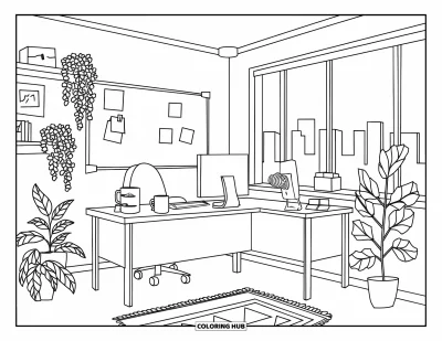 Coloriage d'ordinateurs pour adultes : Un bureau douillet avec des plantes, un tapis triangulaire et une fenêtre donnant sur la ville
