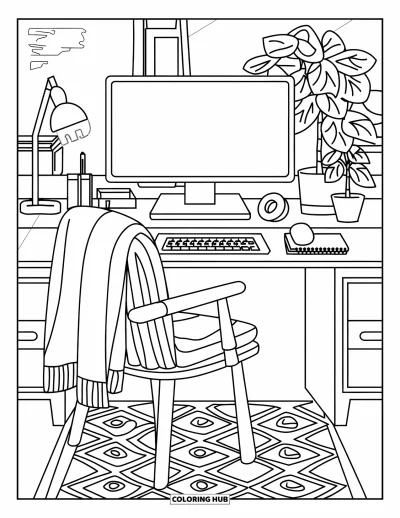 Coloriage d'ordinateurs pour adultes : Une pièce chaleureuse avec écran mural, tapis, plante et objets personnels sur le bureau