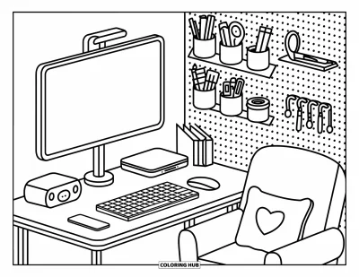 Coloriage d'ordinateurs pour adultes : Un espace de travail plaisant avec rangement en panneau perforé, coussin décoratif et bras de moniteur articulé