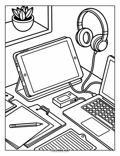 Coloriage d'ordinateurs pour adultes : Un poste de travail douillet avec stylet, câbles et casque suspendu