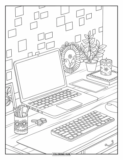 Coloriage d'ordinateurs pour adultes : Un bureau adorable avec une tasse fleurie, un ordinateur portable, une bougie et un cadre photo
