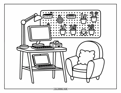 Coloriage d'ordinateurs pour adultes : Un bureau avec mur en panneau perforé, fauteuil et fournitures de bureau suspendues
