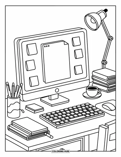 Coloriage d'ordinateurs pour adultes : Un bureau avec notes autocollantes, thé, livres et une petite lampe lumineuse