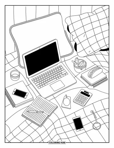 Coloriage d'ordinateurs pour adultes : Un ordinateur portable sur une couverture avec des snacks, un carnet et une atmosphère douillette de chambre
