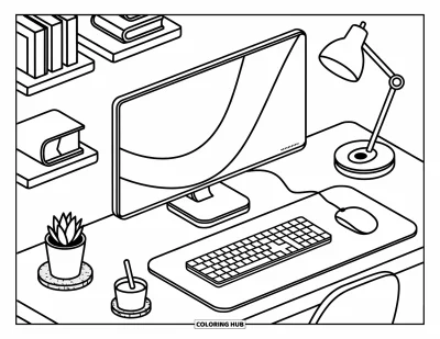 Coloriage d'ordinateurs pour adultes : Un espace de travail avec moniteur moderne, étagères flottantes, accessoires chaleureux et détails de bureau raffinés