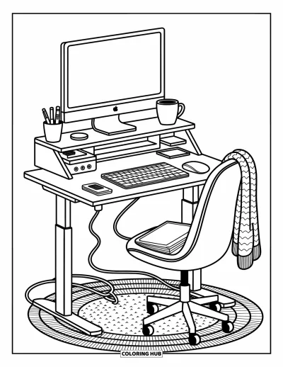 Coloriage d'ordinateurs pour adultes : Un moniteur sur rehausseur avec tablette stylet, agenda et petites touches douillettes