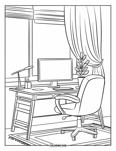 Coloriage d'ordinateurs pour adultes : Un bureau soigné près de la fenêtre avec une plante, du papier et une atmosphère sereine