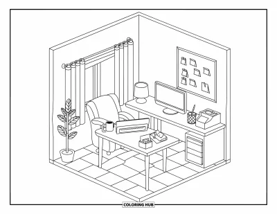 Coloriage d'ordinateurs pour adultes : Un bureau net avec carrelage au sol, un fauteuil confortable et une vue de fenêtre apaisante