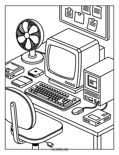 Coloriage d'ordinateurs pour adultes : Une configuration nostalgique avec moniteur cathodique, clavier compact et disquettes