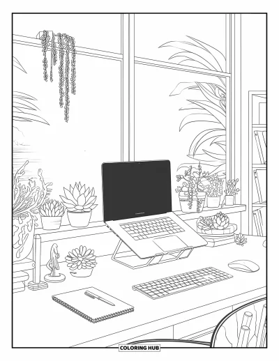 Coloriage d'ordinateurs pour adultes : Un bureau paisible avec des plantes, des livres et une vue sur la nature par la fenêtre