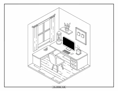 Coloriage d'ordinateurs pour adultes : Un coin bureau tranquille avec un bureau en L, un ordinateur, une plante et un parquet en bois
