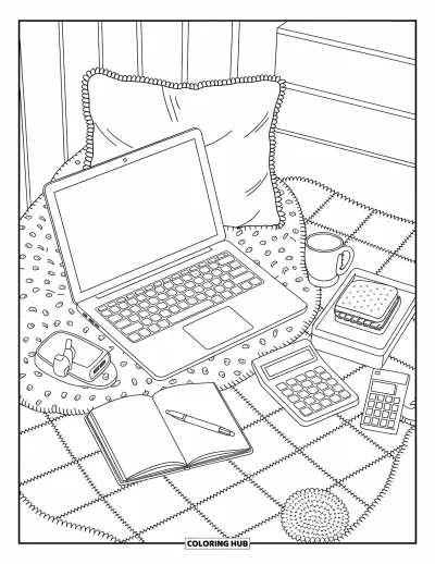 Coloriage d'ordinateurs pour adultes : Une installation détendue avec ordinateur portable, couverture, coussin et petits détails de coin travail