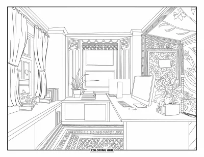 Coloriage d'ordinateurs pour adultes : Un bureau reposant avec papier peint fleuri, un tapis à motifs et un espace créatif