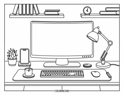 Coloriage d'ordinateurs pour adultes : Un moniteur élégant sur un bureau minimaliste avec livres, une succulente et une lampe connectée