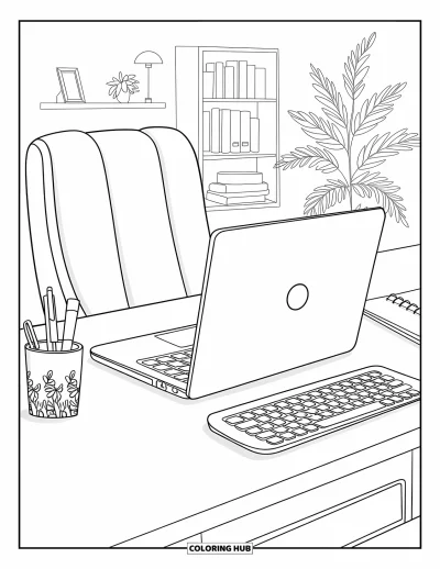 Coloriage d'ordinateurs pour adultes : Un joli bureau à domicile avec un pot à stylos fleuri, un ordinateur portable, une chaise et une plante