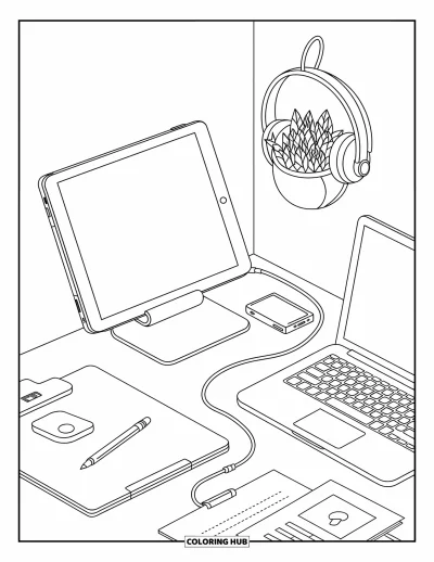 Coloriage d'ordinateurs pour adultes : Une tablette et un ordinateur portable avec croquis, casque et une plante en pot