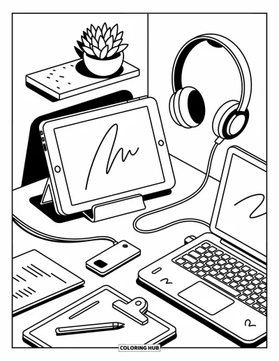 Coloriage d'ordinateurs pour adultes : Un coin tech avec tablette, planchette, stylet et casque suspendu