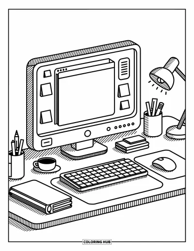 Coloriage d'ordinateurs pour adultes : Un espace de travail ordonné avec thé, lampe et doux accessoires confortables