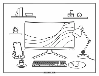 Coloriage d'ordinateurs pour adultes : Un bureau ordonné avec moniteur incurvé, livres et petites touches fantaisistes