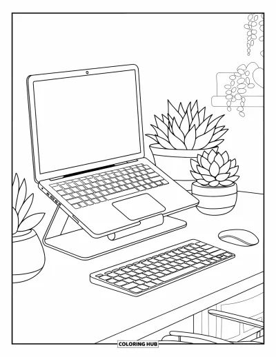 Coloriage d'ordinateurs pour adultes : Un bureau bien rangé avec des succulentes, un support pour ordinateur portable et des décorations simples