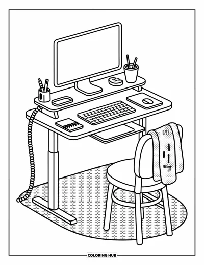 Coloriage d'ordinateurs pour adultes : Un bureau assis-debout bien rangé avec du matériel tech, des détails soignés et des textures accueillantes
