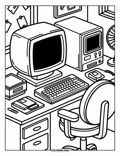 Coloriage d'ordinateurs pour adultes : Un bureau de bureau vintage avec disquettes, ventilateur et un fauteuil pivotant accueillant