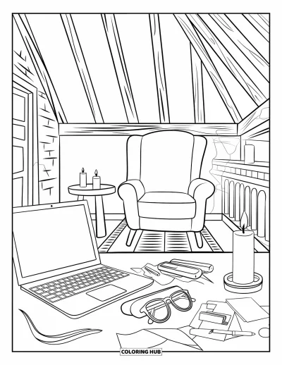Coloriage d'ordinateurs pour adultes : Un angle chaleureux avec bougie, fauteuil, ordinateur portable et détails rustiques