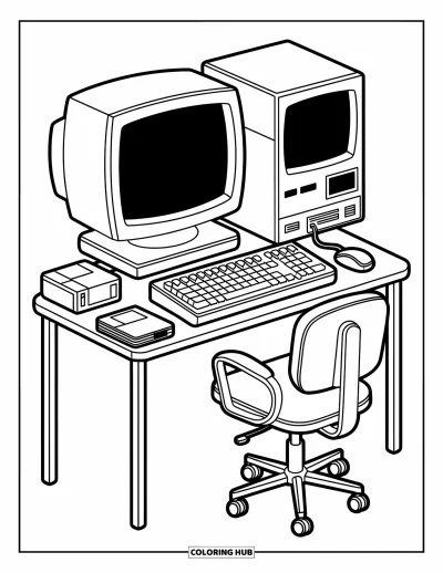 Coloriage d'ordinateurs pour adultes : Un vieux bureau d'ordinateurs avec ventilateur, chaise et amusante technologie vintage