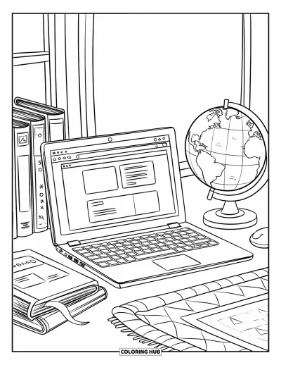Coloriage d'ordinateurs pour enfants : Un bureau d'étude animé avec un globe, des livres et une page web ouverte