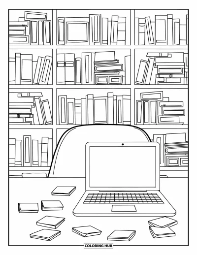 Coloriage d'ordinateurs pour enfants : Bureau moderne sous une grande bibliothèque murale remplie de livres et de notes