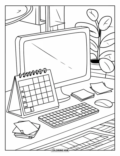 Coloriage d'ordinateurs pour enfants : Bureau avec calendrier, notes autocollantes et une lampe près d'une plante à feuilles