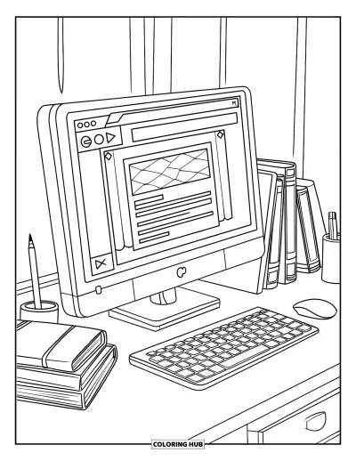 Coloriage d'ordinateurs pour enfants : Ordinateur, livres empilés et souris posés sur un bureau épuré et simple