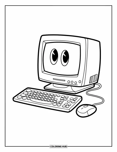 Coloriage d'ordinateurs pour enfants : Joli moniteur rond au visage souriant, grand clavier et longue souris filaire