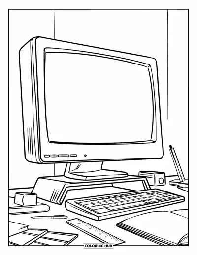 Coloriage d'ordinateurs pour enfants : Configuration de bureau avec des fournitures comme un stylo, une règle et un livre