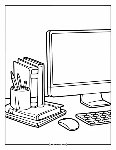 Coloriage d'ordinateurs pour enfants : Bureau avec livres, souris et un porte-crayons bien rangé