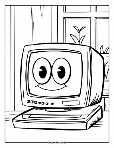 Coloriage d'ordinateurs pour enfants : Ordinateur sympathique aux grands yeux près d'une fenêtre et d'une plante verte
