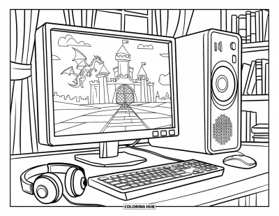 Coloriage d'ordinateurs pour enfants : Bureau gaming avec un jeu de château, un casque et une étagère à proximité