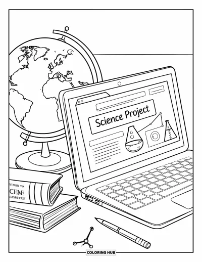 Coloriage d'ordinateurs pour enfants : Ordinateur portable et livres de chimie posés près d'un globe dans un espace scientifique