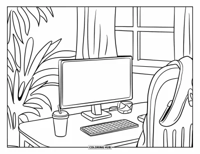 Coloriage d'ordinateurs pour enfants : Coin d'étude nocturne avec un sweat à capuche, un thermos et une plante apaisante