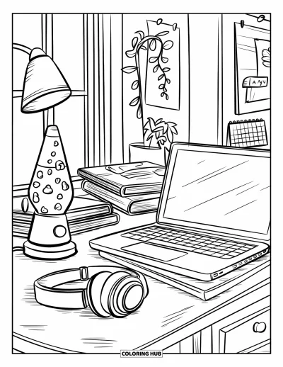 Coloriage d'ordinateurs pour enfants : Lampe à lave et livres posés sur un bureau avec casque et éclairage doux
